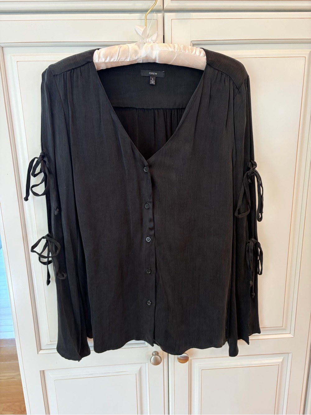 DREW Black Button-Front V-Neck Blouse with Tie-Sleeve Detail